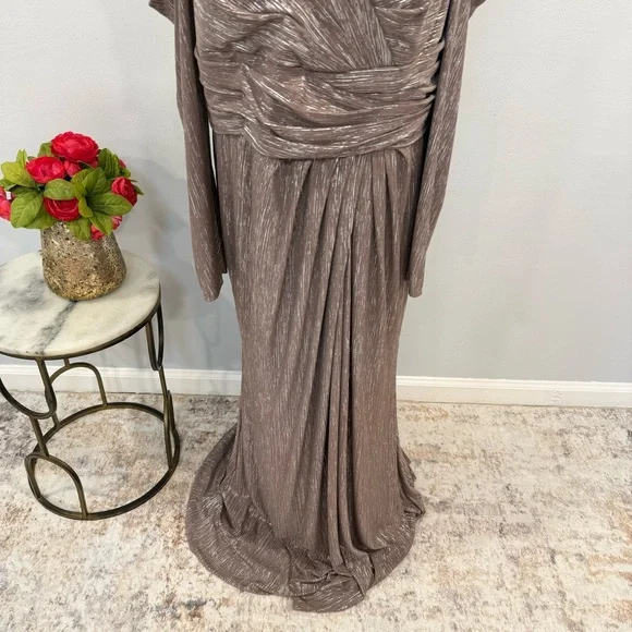 Mac Duggal 49503 Mauve Taupe Metallic Faux Wrap Draped Puff Sleeve Gown -Reemoly